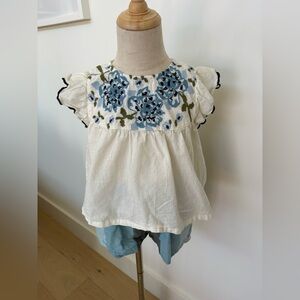 Pink Chicken White Top with Blue Embroidery and striped shorts